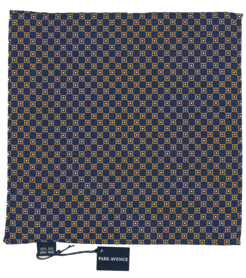 Navy Orange Tile Print Silk Pocket Square