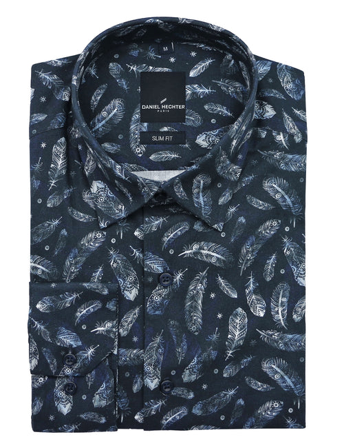 Sel Navy White Feather Printed Shirt